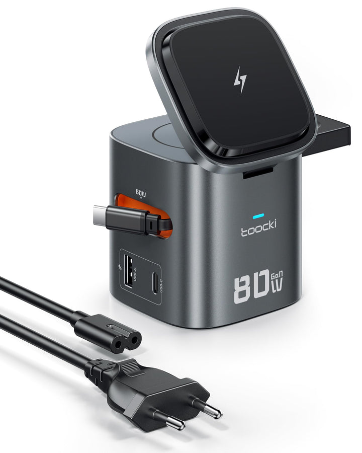 toocki USB C Ladegerät, 6Port GaN Ladestation mit Schnell Einziehbares Ladekabel und Mag.Safe Ladege