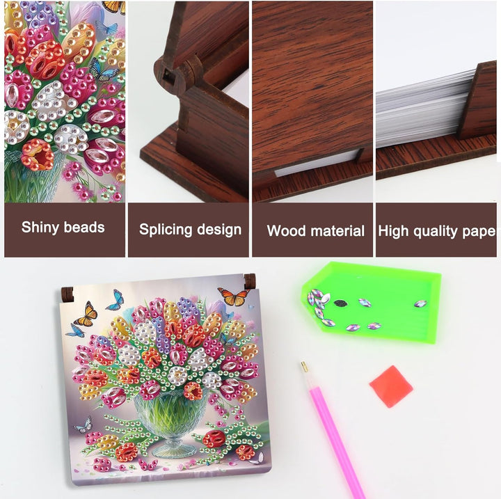 SHEGZHUC Diamond Painting Notizzettel Zettelbox Nachfüllpack Halter Bambus Notizblock mit 160 Blätte