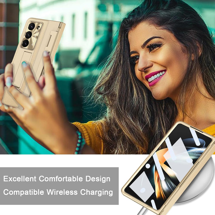 NINKI kompatible mit Samsung Galaxy Z Fold 5 Handyhülle mit Scharnierschutz Stossfeste PC und Leder