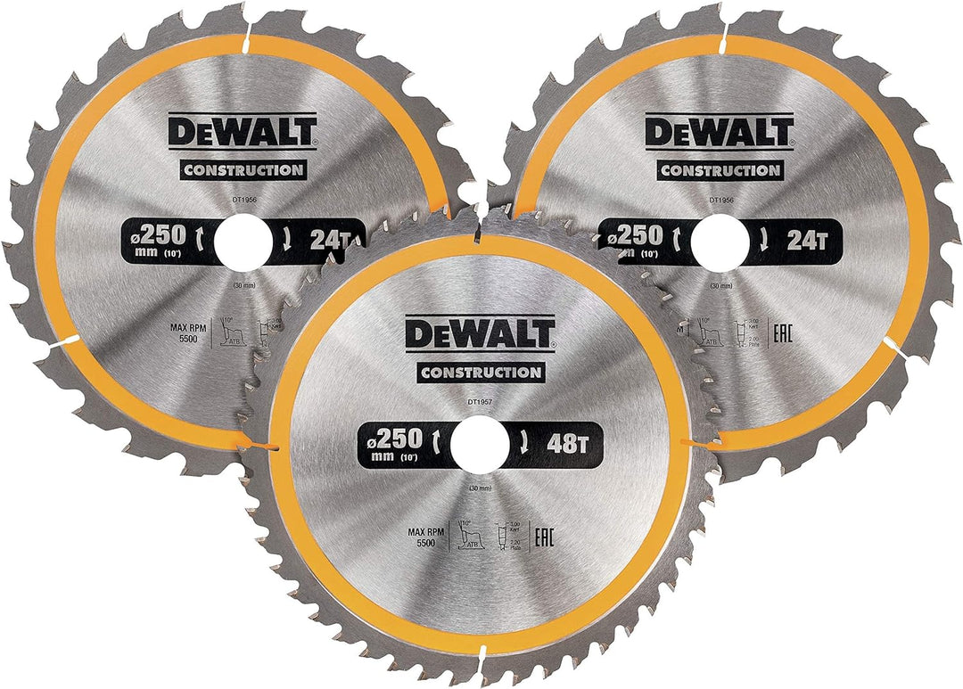 Dewalt Holz Kreissägeblatt-Set 3er Pack, DT1963, für Holz (2x 250x30x3.0 mm, 24, WZ, 10° und 1x 250x