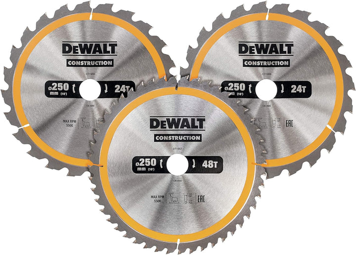 Dewalt Holz Kreissägeblatt-Set 3er Pack, DT1963, für Holz (2x 250x30x3.0 mm, 24, WZ, 10° und 1x 250x
