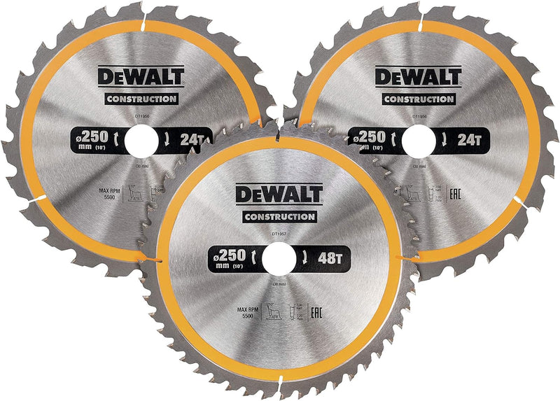 Dewalt Holz Kreissägeblatt-Set 3er Pack, DT1963, für Holz (2x 250x30x3.0 mm, 24, WZ, 10° und 1x 250x