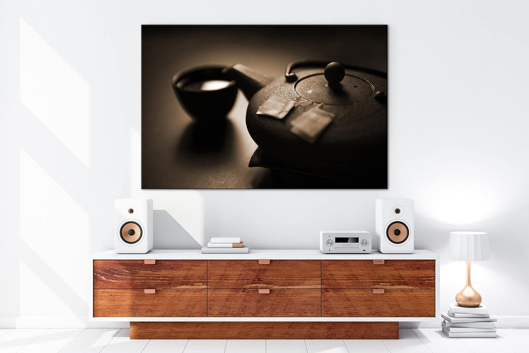 deyoli gebrühter Tee in der Teekanne Effekt: Sepia, Format: 80x60 als Leinwandbild, Motiv fertig ger