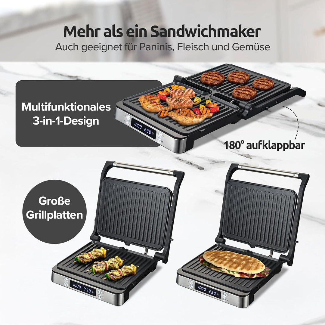 Olvy Sandwichmaker XXL, Digitaler Kontaktgrill mit Antihaftplatten, 3-in-1 Panini Maker, 180° offene