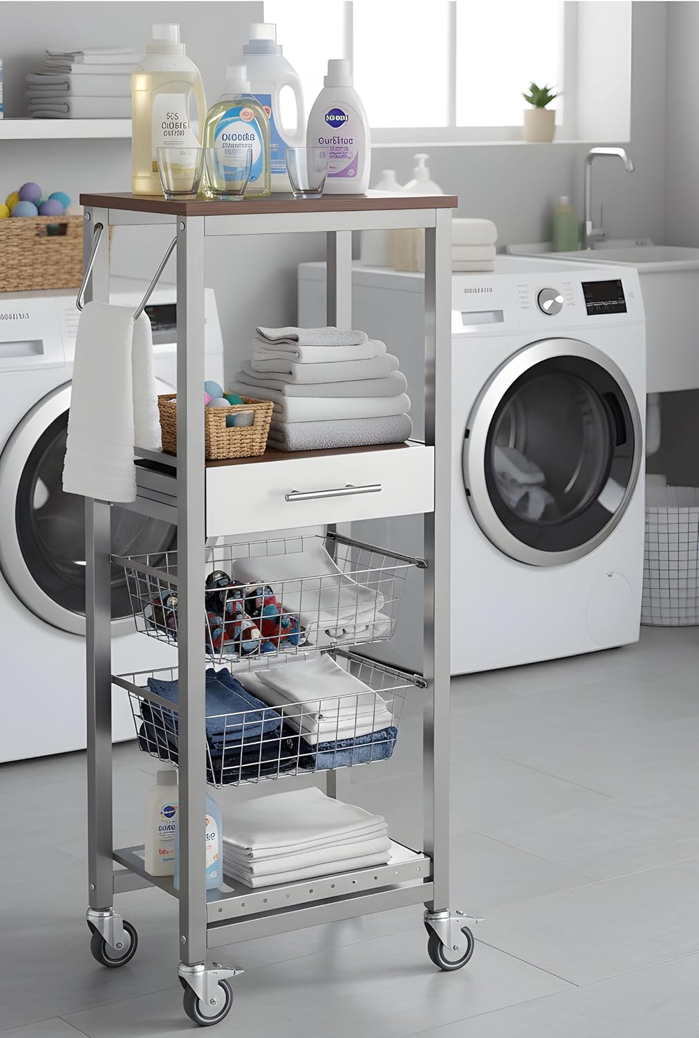 DON HIERRO -Küchenwagen ONDA Alto – Metall-Beistellmöbel in Aluminiumoptik mit 2 Körben, Schublade u