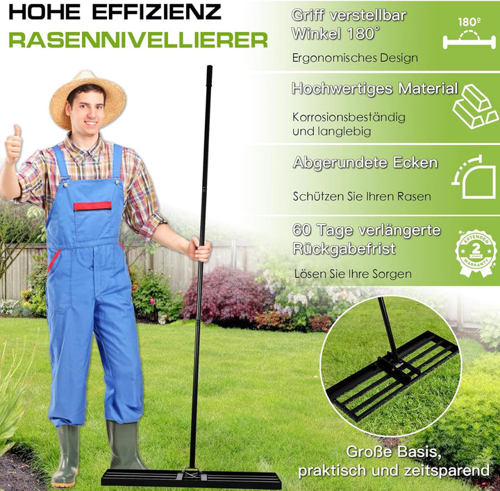 Rasen Nivellierungsrechen 75x25 cm, Rasenrechen mit 2M Verstellbarem Metallstiel, Handlicher Robuste