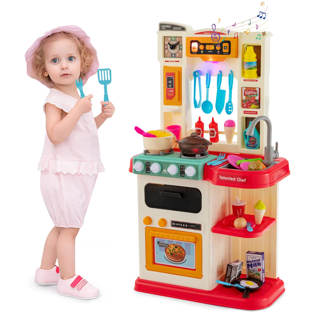 HOMASIS Spielküche mit 38 Zubehör, Kinderküche mit Licht Musik & Sound, Spielzeugküche mit Wasserpum