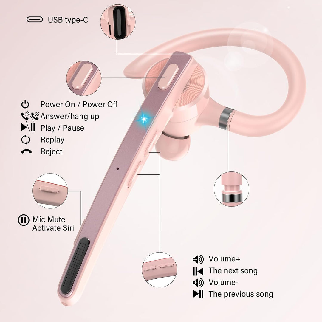 Bluetooth Headset V5.3 mit AptX, 90 Std Zwei-Geräte-Verbindung &amp; Mute Rosa | Wireless Freisprech Tel