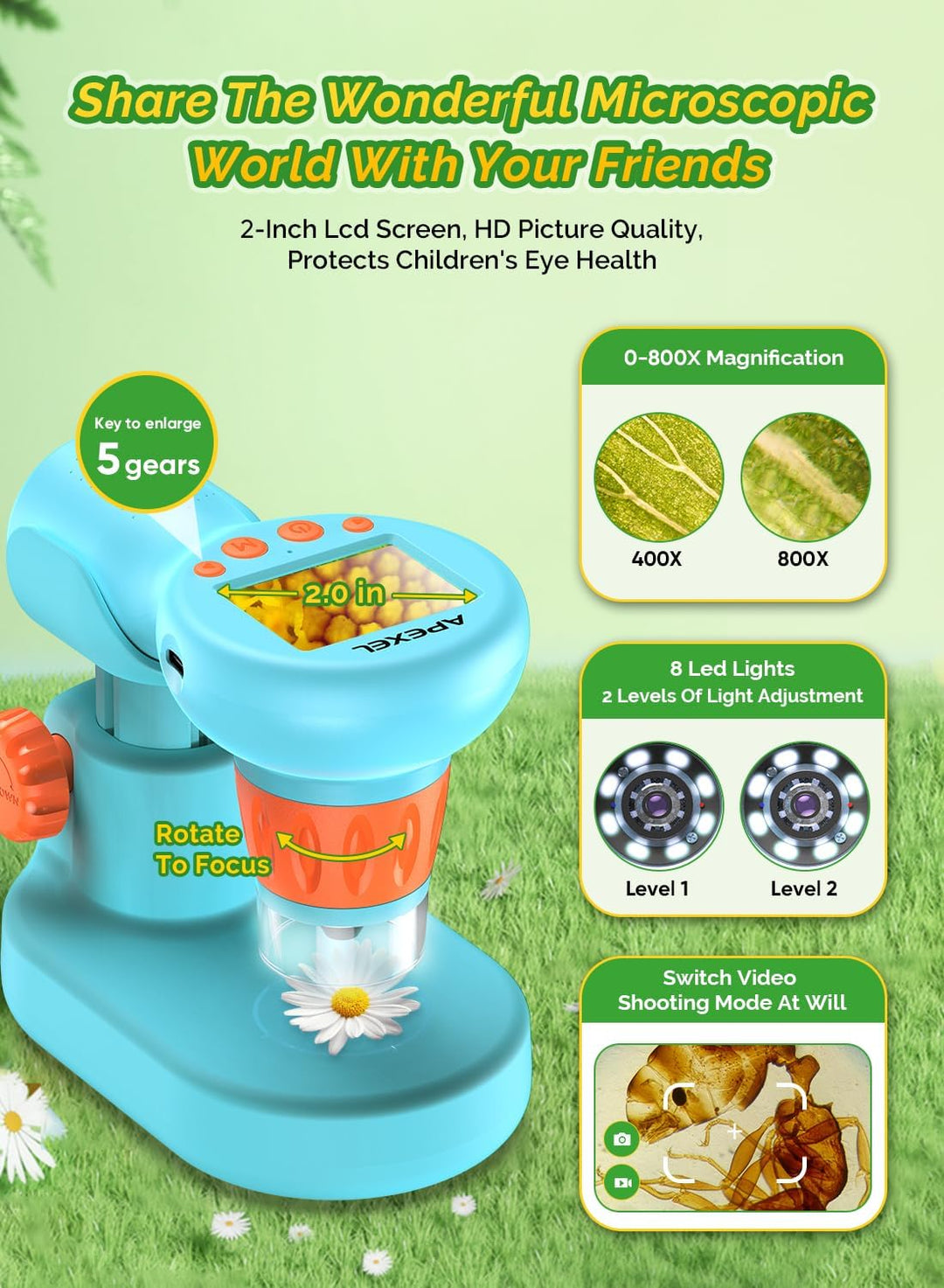 APEXEL Kinder Mikroskop, 800X HD Vergrösserung Digitales Mikroskop, 2" LCD Bildschirm Tragbares Mikr