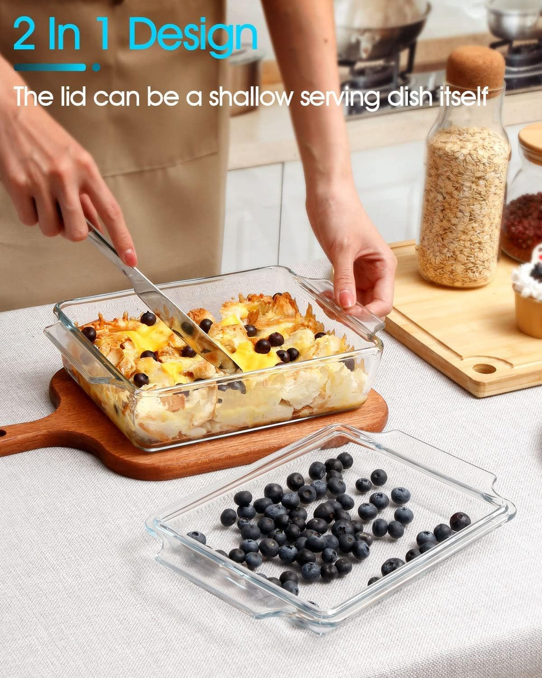 Glas Auflaufform mit Deckel, 1.5L Rechteckige Lasagneformen 21x17.8x6cm, Ofenfest, Mikrowellengeeign