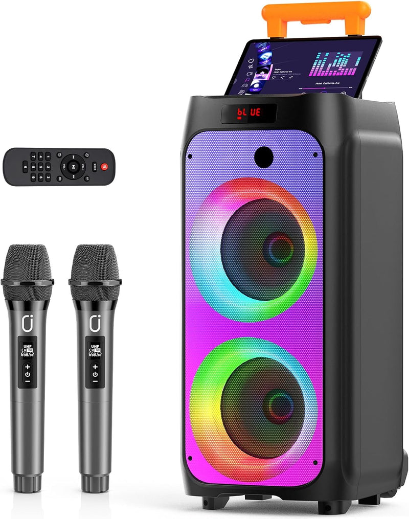 JYX Karaoke Anlage mit 2 drahtlosen Mikrofonen, Grosser Karaoke Lautsprecher Bluetooth mit Rädern un