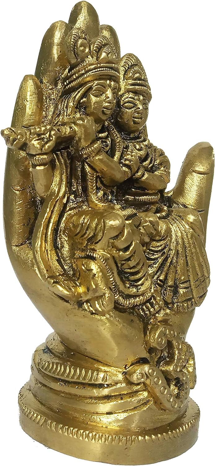 Purpledip Idol Radha Krishna: auf Hand sitzender Thron mit Om (12170)