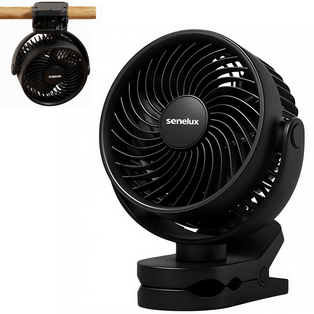 Senelux 12,7 cm Clip-On-Ventilator, wiederaufladbarer tragbarer Schreibtischventilator mit 4 Geschwi
