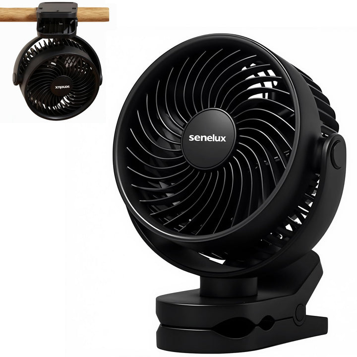Senelux 12,7 cm Clip-On-Ventilator, wiederaufladbarer tragbarer Schreibtischventilator mit 4 Geschwi