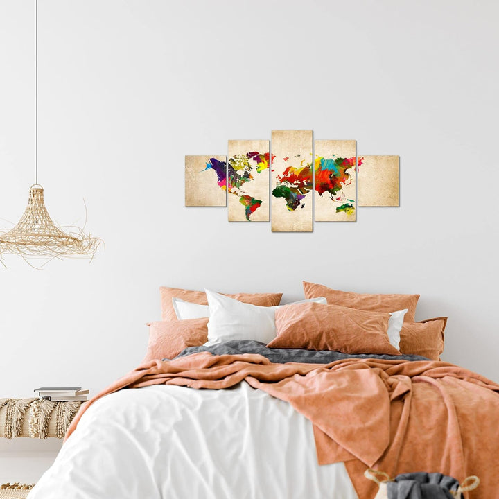 Runa Art Wandbilder Weltkarte 5 Teilig Bild auf Vlies Leinwand Deko Büro Wohnzimmer Kontinente Landk