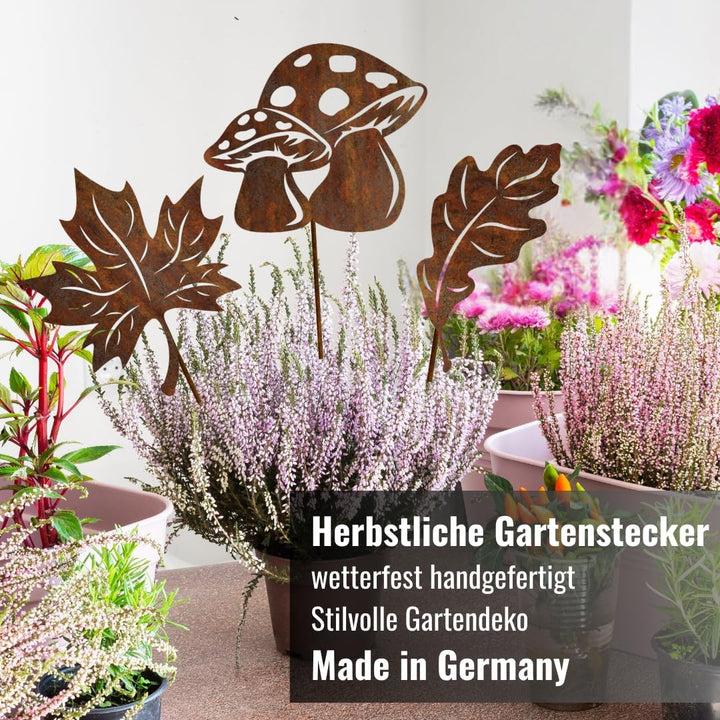 Terma Stahldesign Rostfigur Gartenstecker Set Herbst Zwei Blätter EIN Pilz mit Spiess 40-45cm tolle
