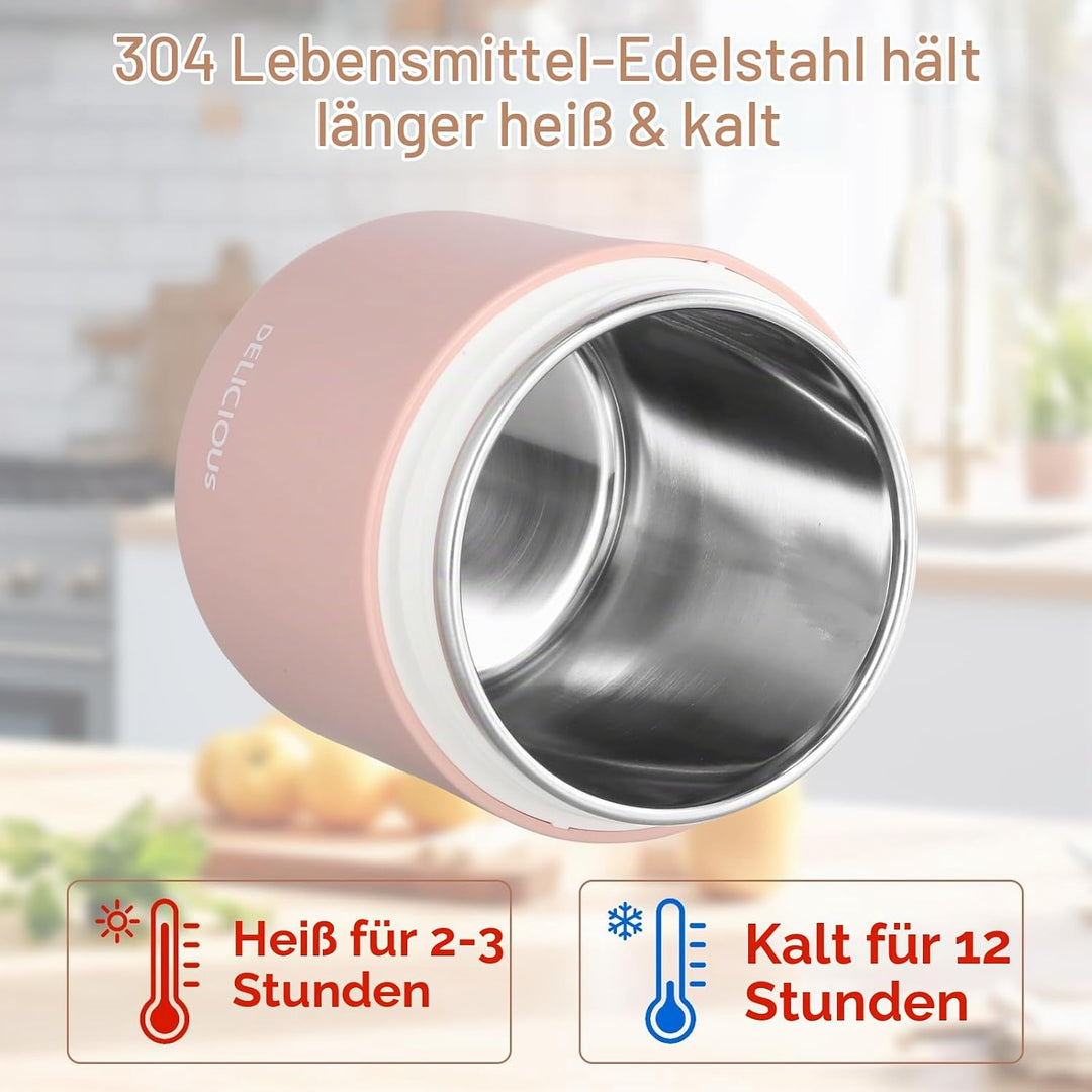 Nivofu 2 Stück Thermobehälter für Essen 430ml, Edelstahl Warmhaltebebehälter mit Faltbaren Löffel, T