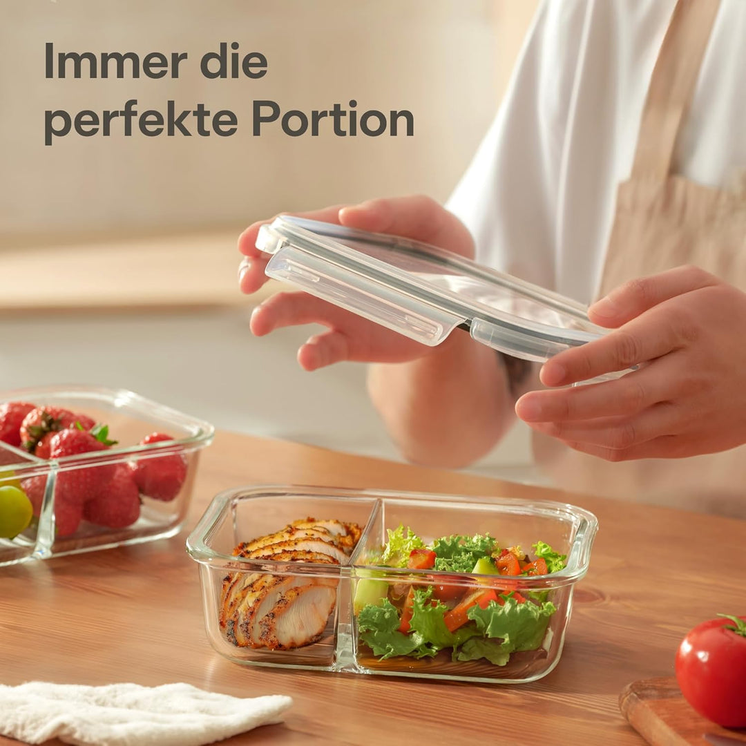 Praknu Meal Prep Boxen Glas 2 Fächer - 2er Set Glass Meal Prep Containers 1l - Luftdicht - Geeignet