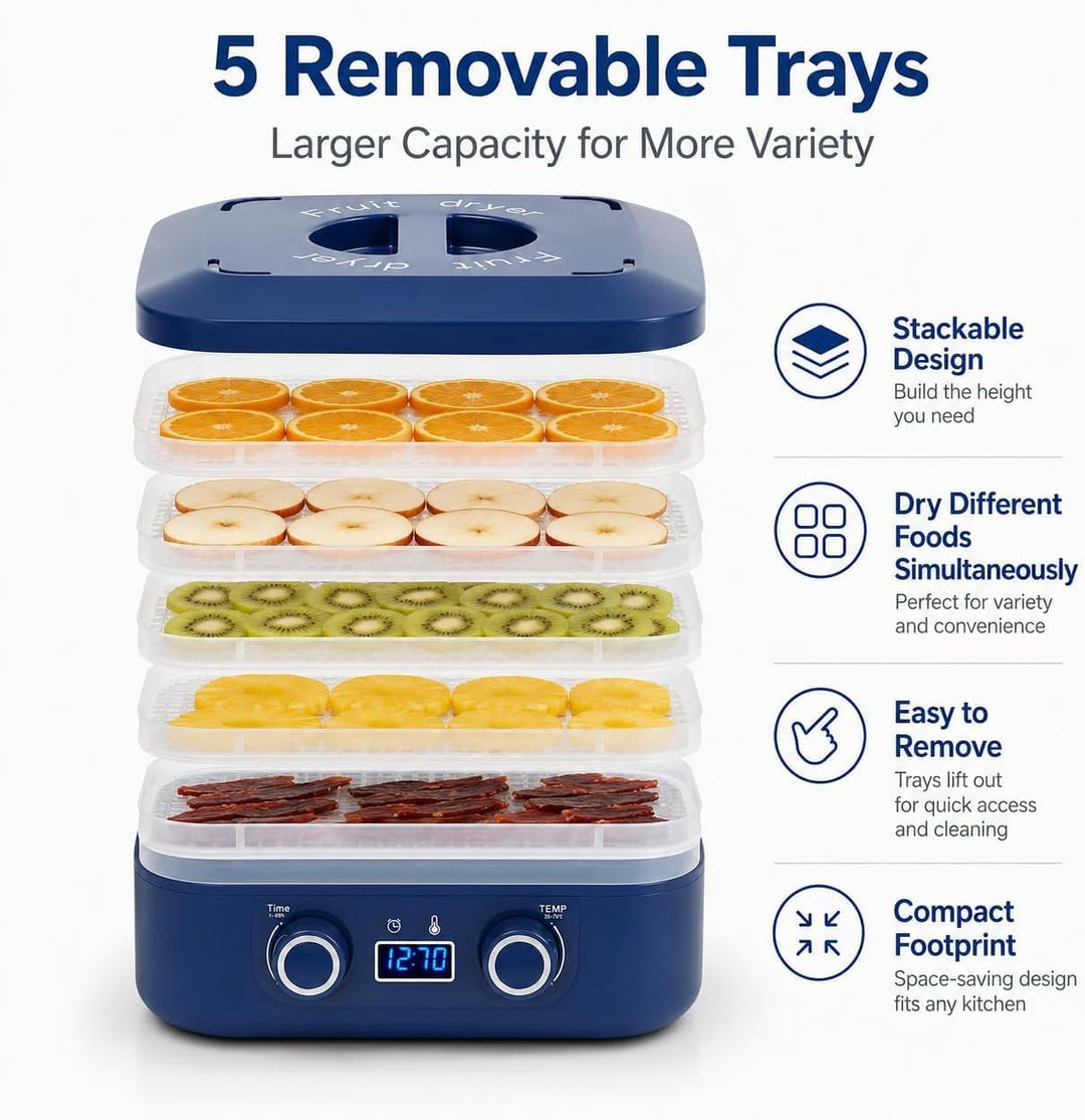 Dörrautomat mit 5 Tabletts, Dörrgerät 35-70°C &amp; 48h Timer, LED-Display, 360° Heissluft – Obsttrockne