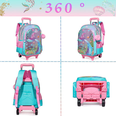 HTgroce Meerjungfrau Schulranzen Trolley Mädchen Kindertrolley Niedlich Rucksack 2 in 1 Kinderkoffer