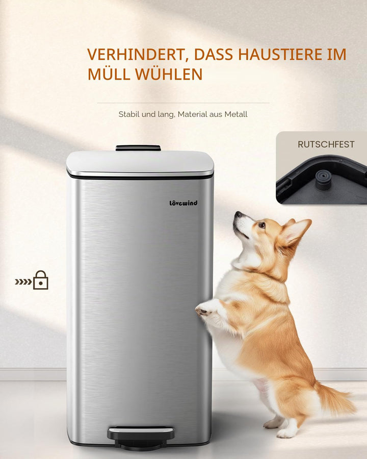 lovewind Küchenabfalleimer, 30L Silber Mülleimer Küche aus Edelstahl mit Pedal, mit Deckel und Innen