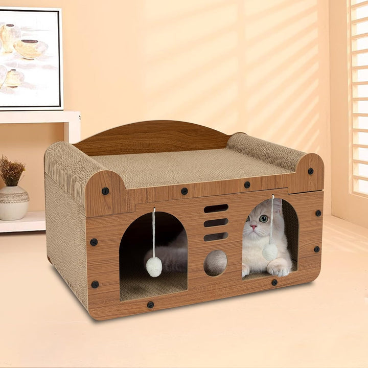 Kratzbrett für Katzen, 2 Schicht Kratzpappe Katzenhaus mit Höhle und Spielball, Kratzpad Lounge, Kat