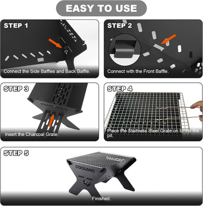 Odoland Camping-Feuerstelle, tragbare Feuerstelle für Camping, 2 in 1 Holzfeuergrill mit Abnehmbarer