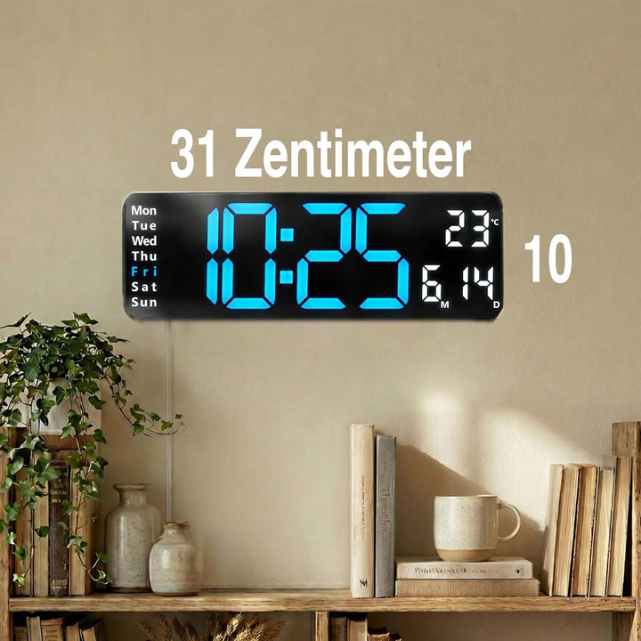 OPIS Clock 1 XL 32 cm – Wanduhr Digital in Blau mit Fernbedienung, Temperaturanzeige, Datum, Wochent
