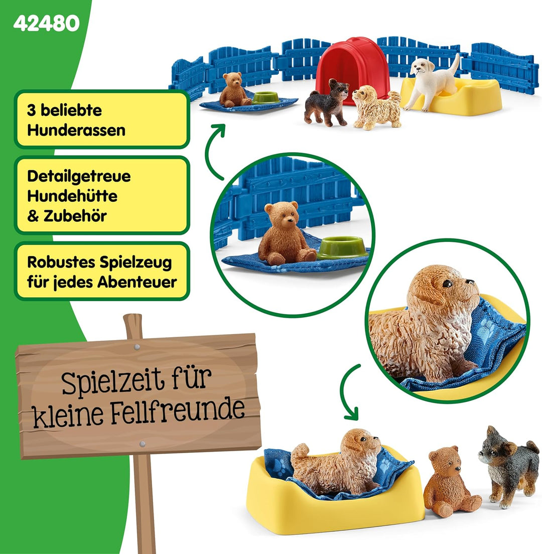 SCHLEICH Farm World | Welpenstube 42480 Tiere Set mit 3 Welpen, Zaun & Zubehör | Bauernhof Spielset