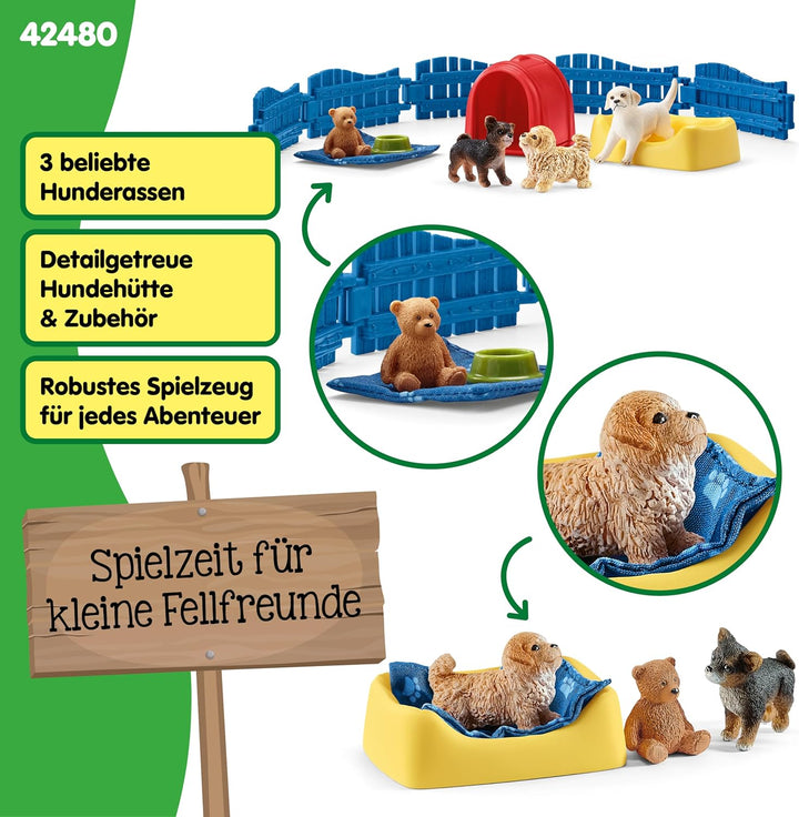 SCHLEICH Farm World | Welpenstube 42480 Tiere Set mit 3 Welpen, Zaun & Zubehör | Bauernhof Spielset
