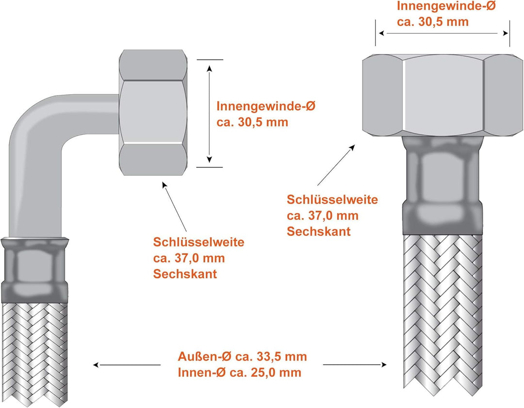 SFX® Panzerschlauch 30cm DN25 Flexschlauch 1 Zoll ÜM x 1 Zoll ÜM mit 90 Grad Bogen Edelstahl Umflech