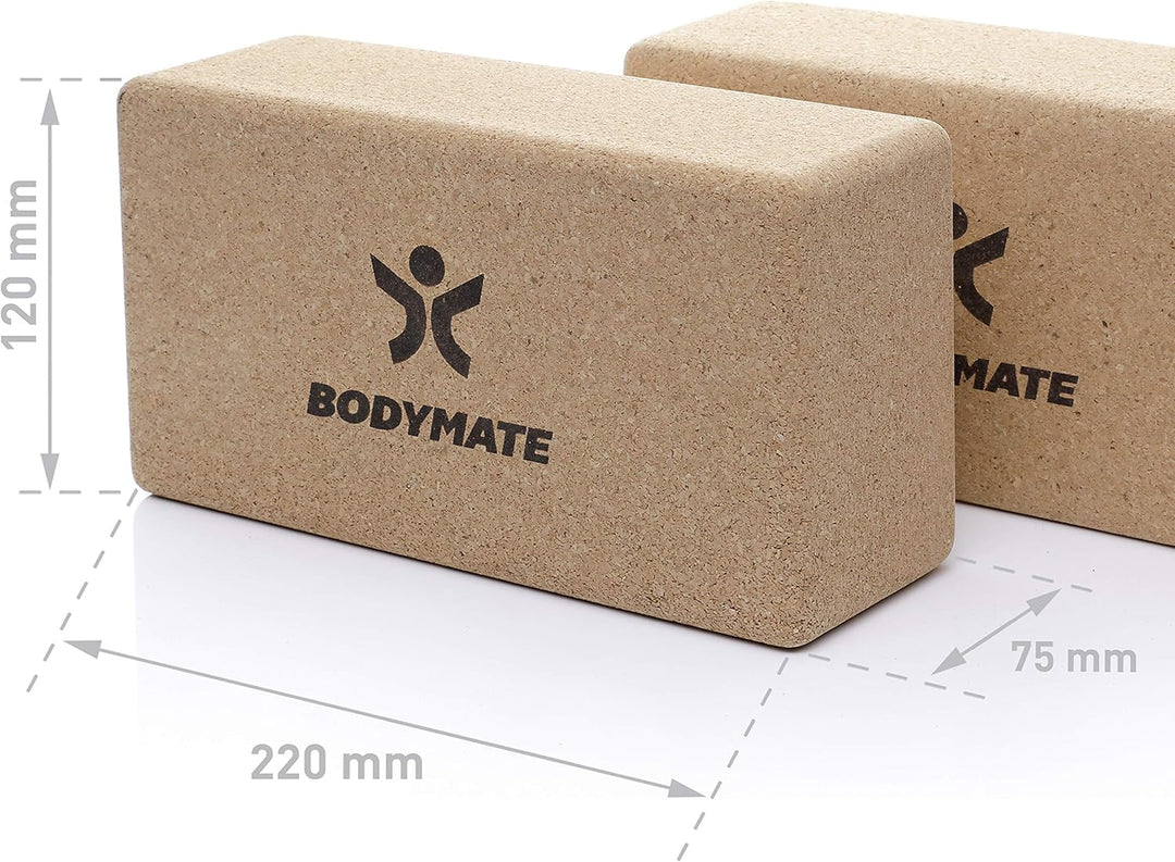 BODYMATE 2er Set Yoga Block aus Kork, Yogablöcke, Korkblock für Yoga, aus 100% ökologischem Kork, Tr