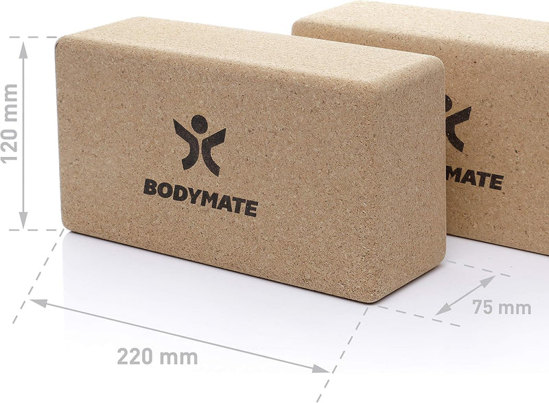 BODYMATE 2er Set Yoga Block aus Kork, Yogablöcke, Korkblock für Yoga, aus 100% ökologischem Kork, Tr