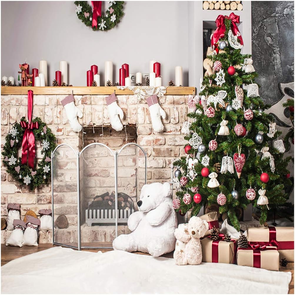 AIIKES 8x8FT Weihnachtsfotografie Hintergrund Weihnachtsbaum Geschenk Kamin Hintergrund Baby Neugebo