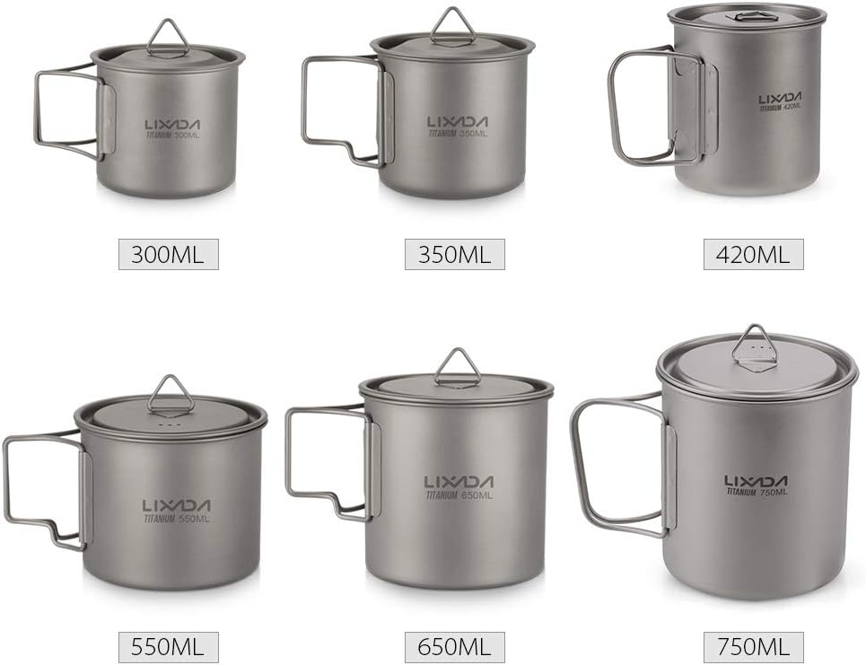 Lixada Titanium Topf Camping Tragbar Titan Wasser Tragbar Becher Tasse Klappgriff(300 ml,350 ml,420m