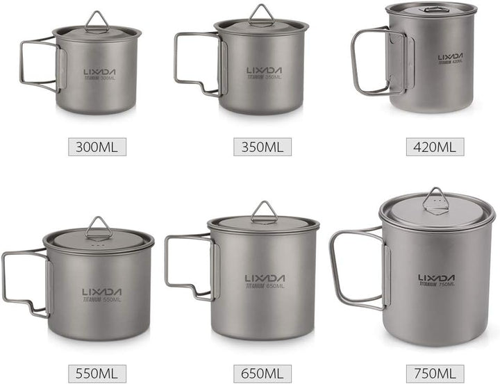 Lixada Titanium Topf Camping Tragbar Titan Wasser Tragbar Becher Tasse Klappgriff(300 ml,350 ml,420m