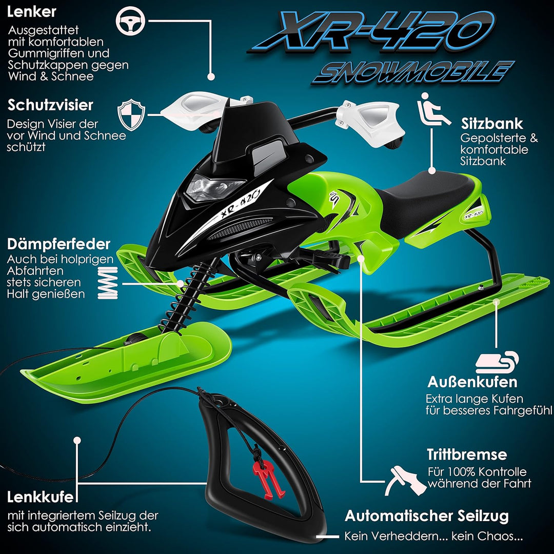 KESSER® Lenkschlitten mit 2 Fussbremsen | Automatisches Zugseil | Federung | Kufenlenkung | Bob Kind
