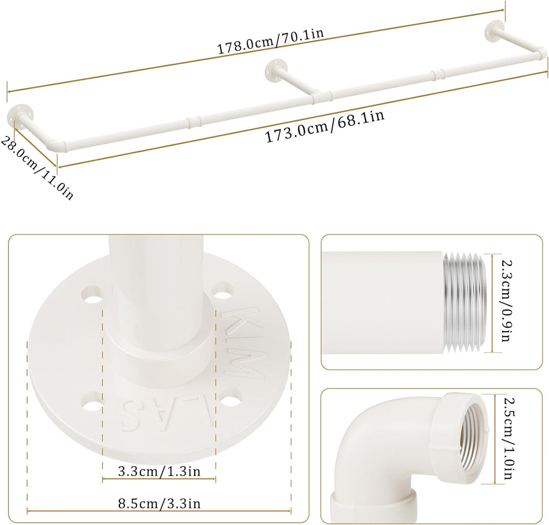 Yawinhe Industrierohr Kleiderstangen,180cm Kleiderständer für die Wand, Platzsparenders Wandregal Kü