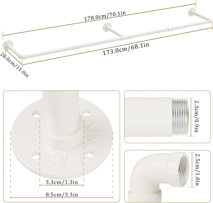 Yawinhe Industrierohr Kleiderstangen,180cm Kleiderständer für die Wand, Platzsparenders Wandregal Kü