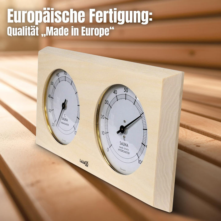 Sauna Thermo-Hygrometer - FSC Espenholz - Misst Temperatur & Luftfeuchtigkeit - Bimetalltechnik - Sy