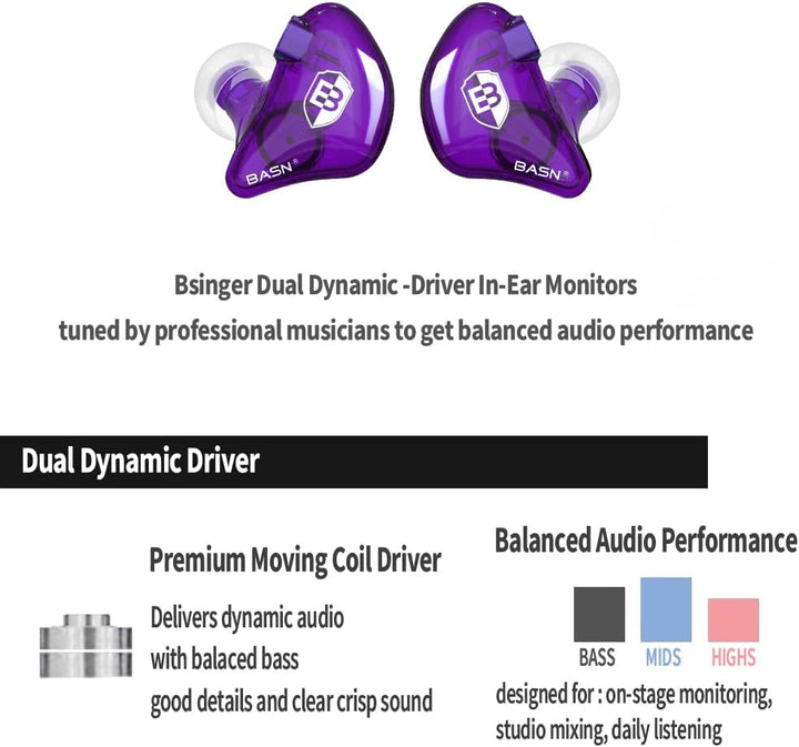 BASN Bsinger In-Ear-Monitore Geräuschisolierende Kopfhörer, Dual-dynamische Treiber High Definition