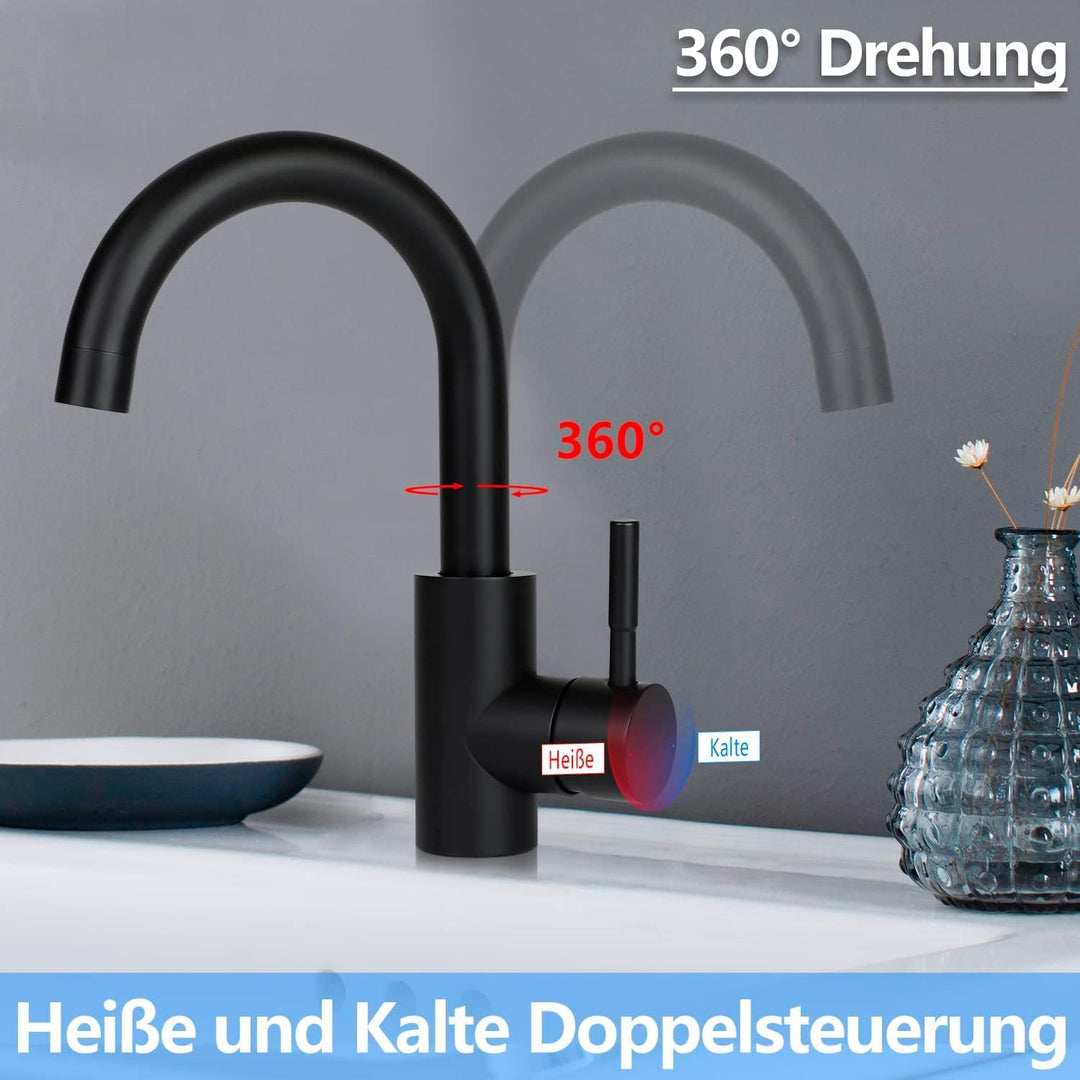 Wasserhahn Bad Waschtischarmatur Waschbecken - Armatur Schwarz Warm- und Kaltwasserhahn 360° Drehbar