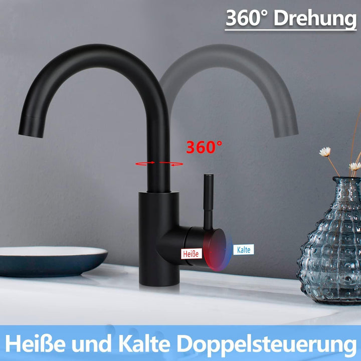 Wasserhahn Bad Waschtischarmatur Waschbecken - Armatur Schwarz Warm- und Kaltwasserhahn 360° Drehbar