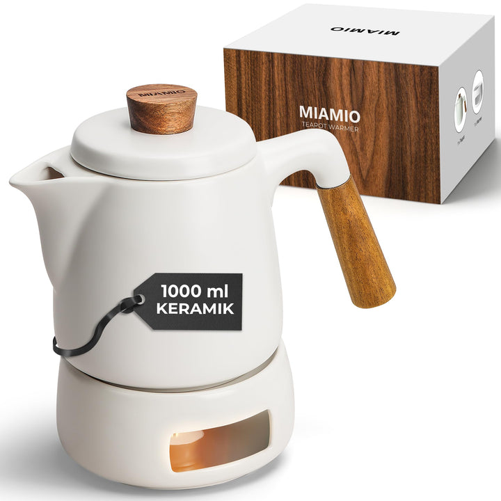 MIAMIO - Teeservice mit Teekanne Keramik (1 l) mit Stövchen (Weiss) | Teeset Teekanne &amp; Stövchen, Te
