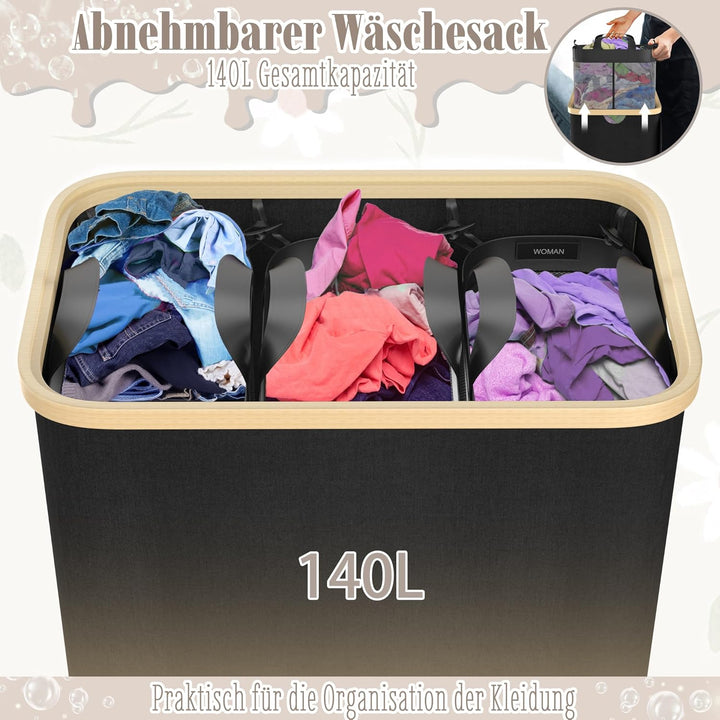 FIVMEN Wäschekorb 3 Fächer Wäschesammler Wäschesortierer mit Deckel und 3 Waschbarer Wäschesack Wäsc
