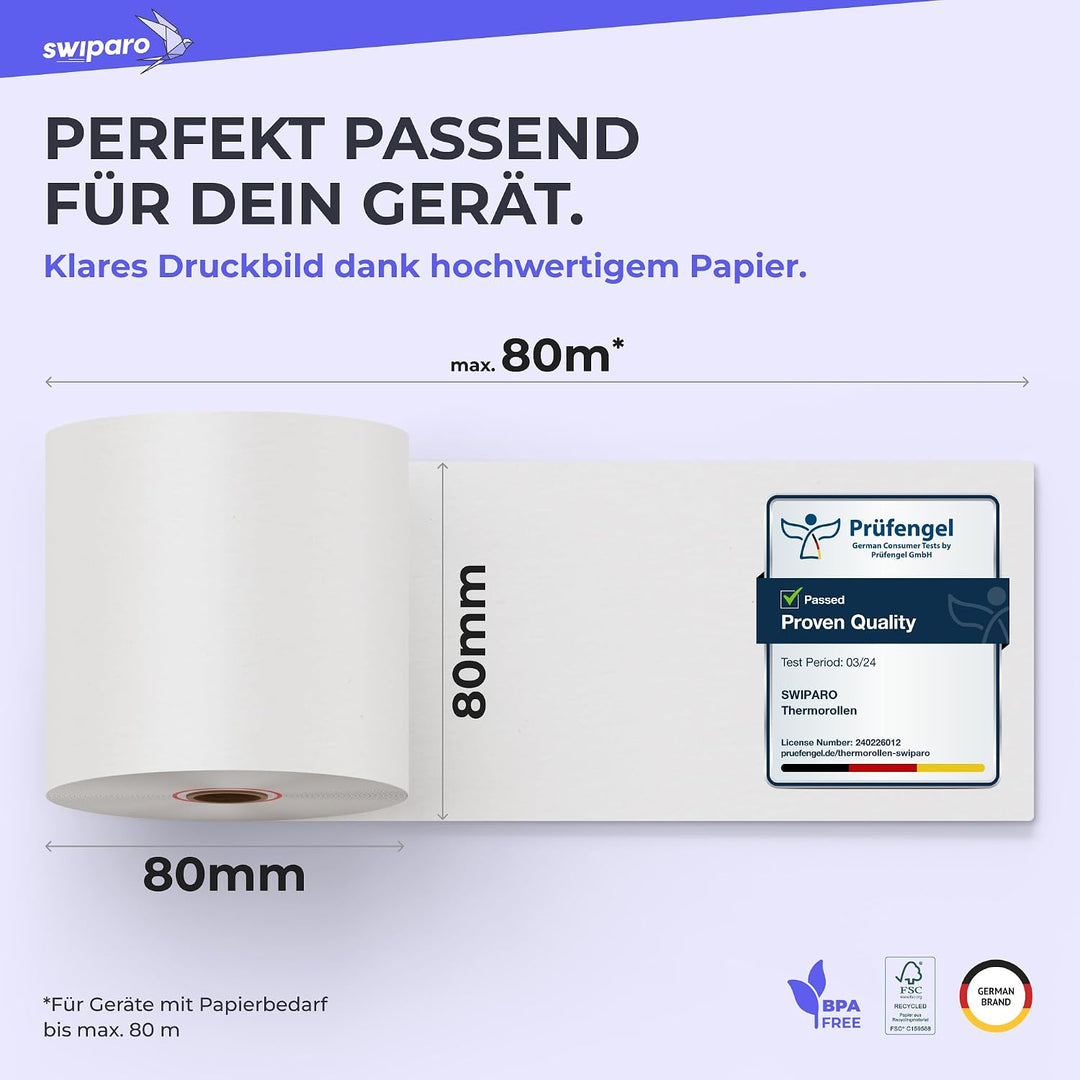 SWIPARO - Thermorollen 80mm x 80m x 12mm - Kassenrollen - Bonrollen zertifiziert für Registrierkasse