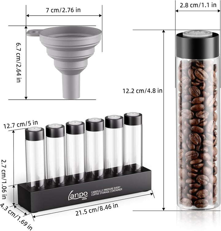 Kaffeebohnen Behälter 6er Einzeldosis Glas Kaffeedose luftdicht mit Einwegventil, Massivholz Sockel,