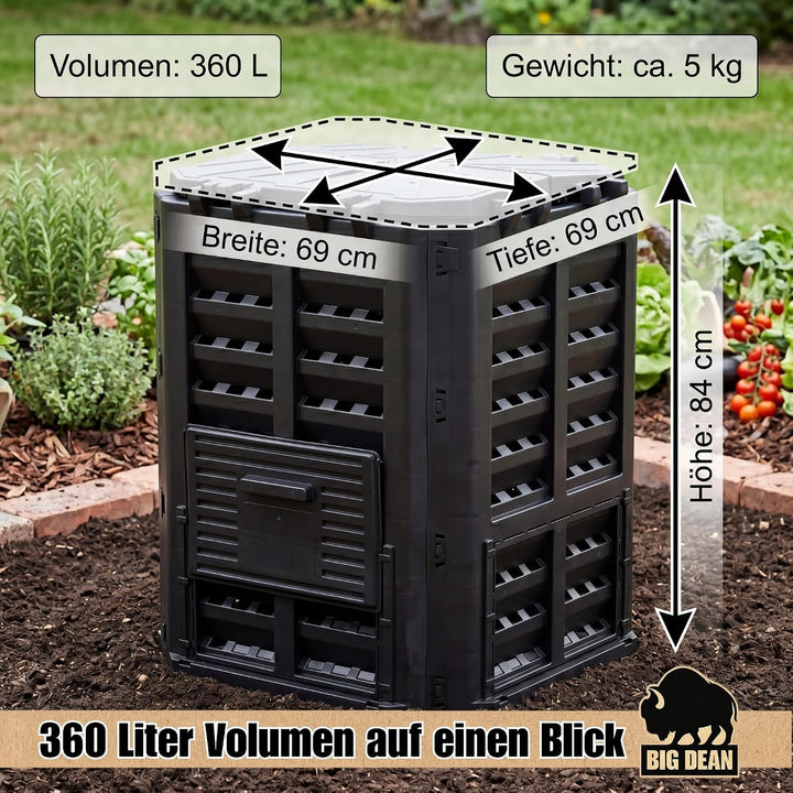 Komposter 360 Liter schwarz - für Gartenabfall und Rasenschnitt etc. | aus robustem Recyclingkunstst