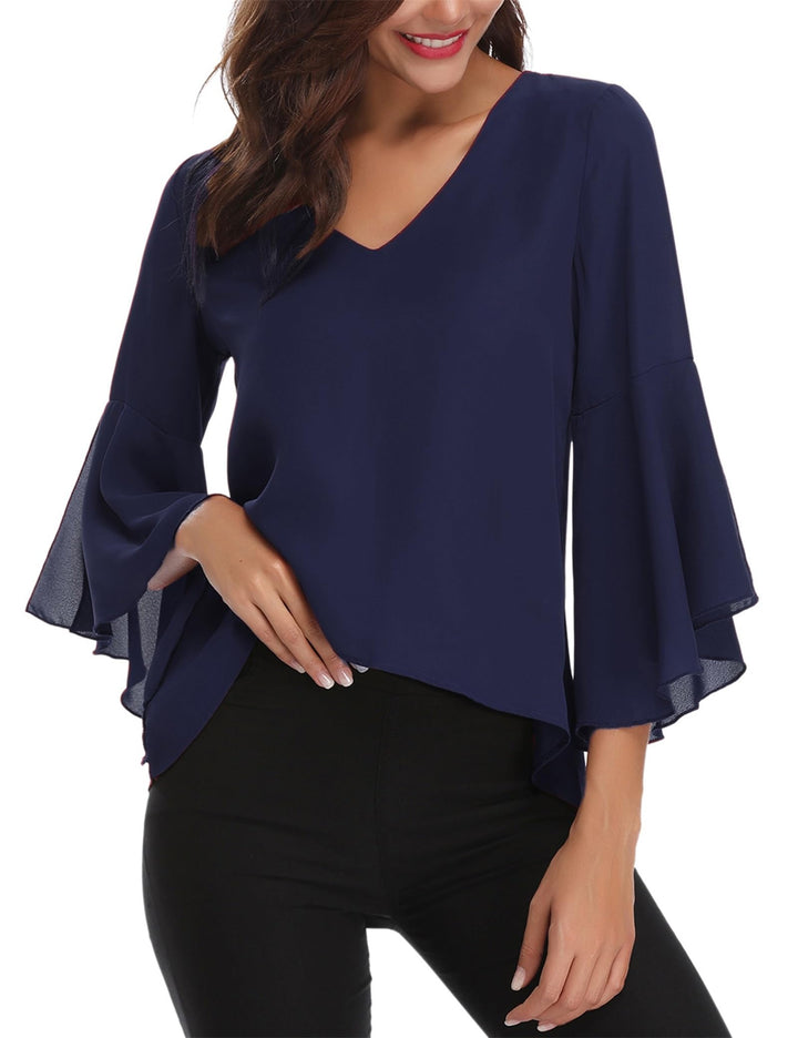 Gyabnw Damen Chiffon Bluse Volantärmeln Tunika 3/4 Arm Elegant Chiffontunika Festlich Chiffon Bluse