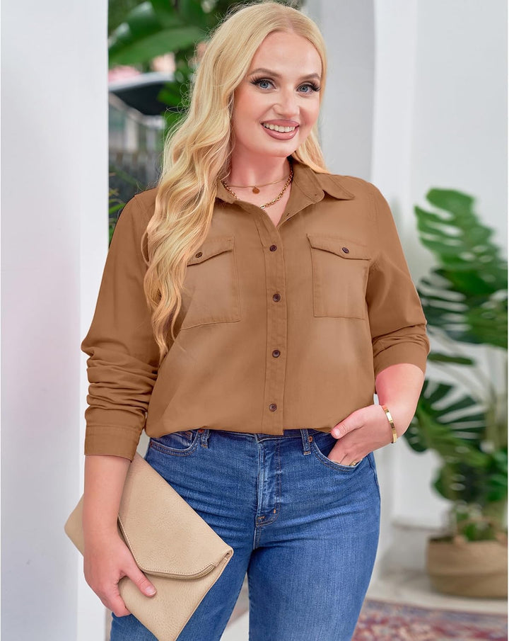 Damen Jeanshemd - Damen Western Hemden Tunika Langarm Button Down Oberteile S Mandelbraun, S Mandelb